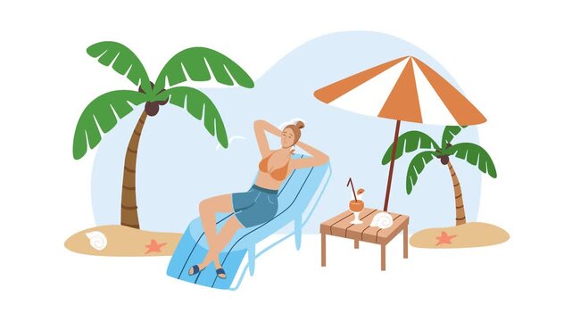 Animated tropical beach scene with woman sunbathing and cocktail