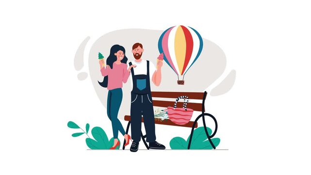 Flat vector animation of smiling couple with ice cream beside park bench