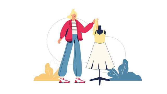 Fashion designer adjusting dress on mannequin in flat vector animation