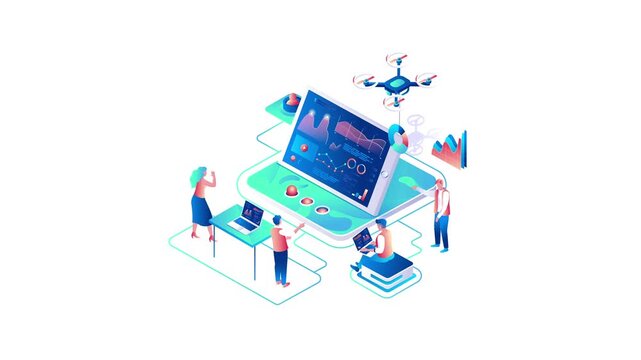 Isometric animation of drone data analytics team on digital platform