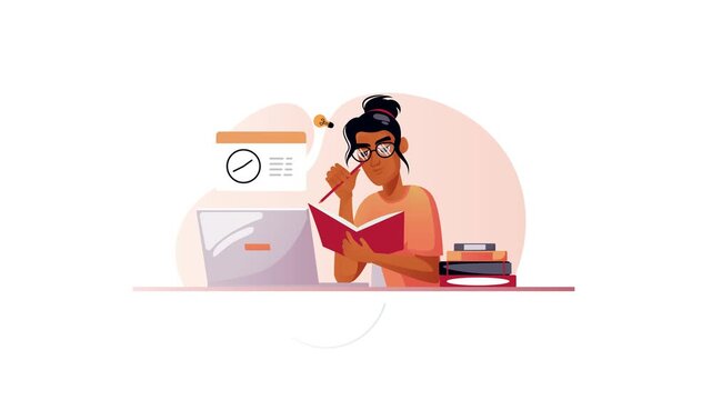 Animated woman studying at laptop with books and deadline clock