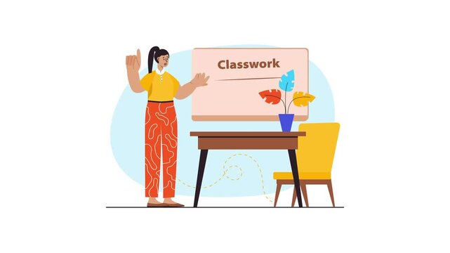 Animated teacher presenting classwork beside classroom board and chair