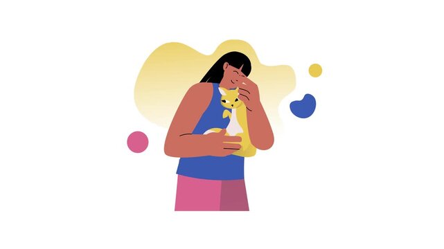 Woman cuddling cat in colorful flat vector animation with abstract shapes