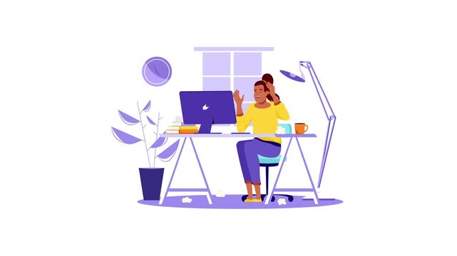 Animated frustrated woman with headache at desk and computer in home office