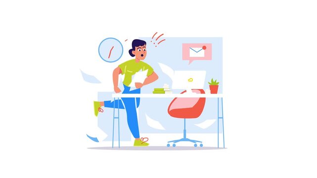 Animated stressed office worker rushing at desk with flying papers and alerts