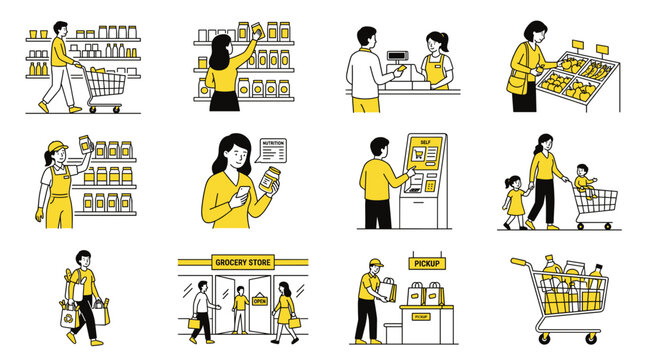 A collection of illustrations depicting various aspects of grocery shopping, including customer interactions, store environments, and product displays, suitable for marketing and retail concepts.