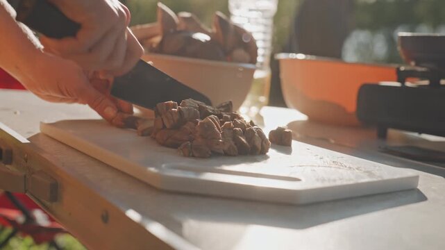 Caucasian hands slicing grilled steak outdoors on cutting board at campsite, warm sunlight, portable stove and orange bowl in background, closeup of knife cutting tender seasoned meat into bitesized