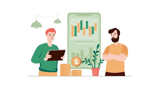 Animated investment analysis with two men, tablet and stock chart