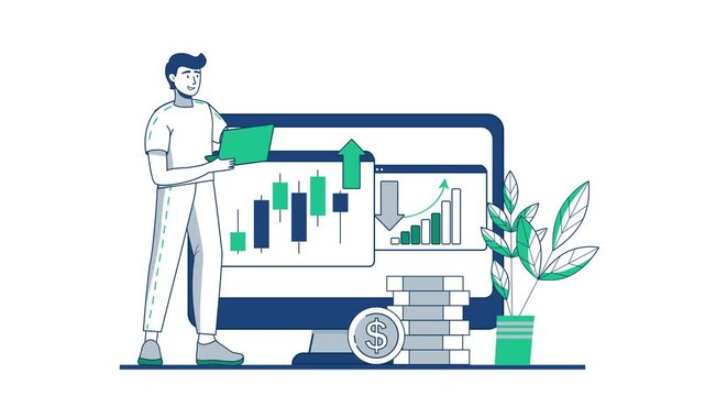 Animated investor reviewing growth charts on computer with savings plant