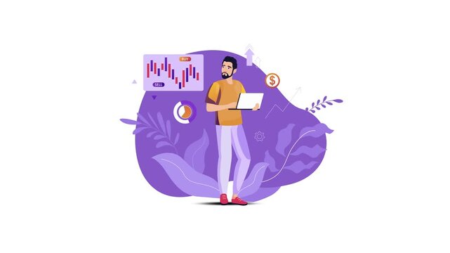 Animated stock trader holding laptop with buy sell chart on purple backdrop