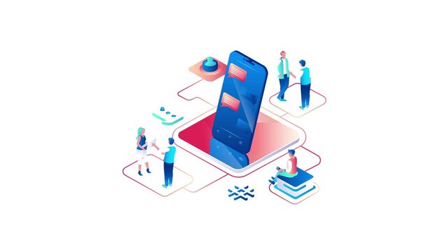 Isometric animation of smartphone messaging app with connected users