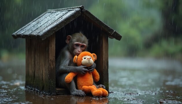 Small macaque monkey hugs orange plush toy in wooden shelter. Primate sits inside during heavy rain. Wildlife scene offers comfort and safety from stormy weather.