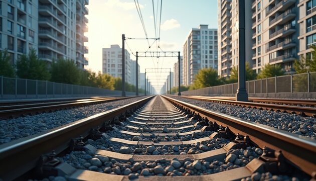 Railway tracks stretch towards horizon between city apartment buildings. New train lines are under construction and electrification infrastructure installed for future use.
