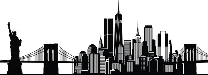 Black silhouette of New York City skyline featuring Statue of Liberty and Brooklyn Bridge for American travel and tourism vector. © MdAminur