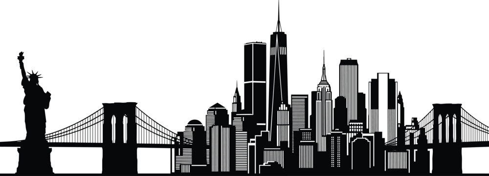 Black silhouette of New York City skyline featuring Statue of Liberty and Brooklyn Bridge for American travel and tourism vector.