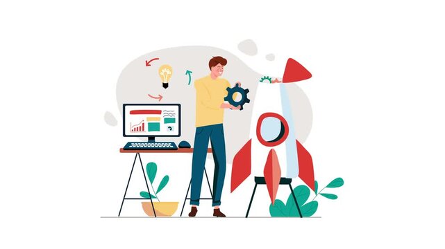 Animated startup innovation concept with man holding gear beside rocket