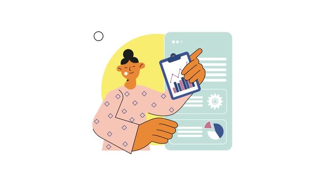 Animated woman reviewing analytics on a digital dashboard interface