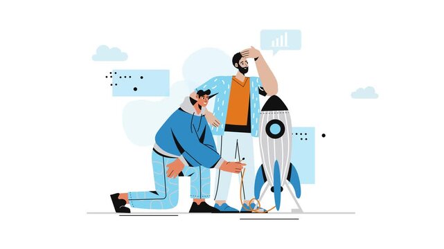 Two men preparing a rocket launch in startup space exploration animation