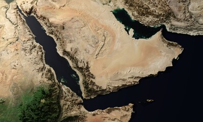 Plakat Aerial View of Arabian Peninsula, Red Sea, and Persian Gulf Featuring Strategic Bab el-Mandeb and Hormuz Straits - 3D rendering