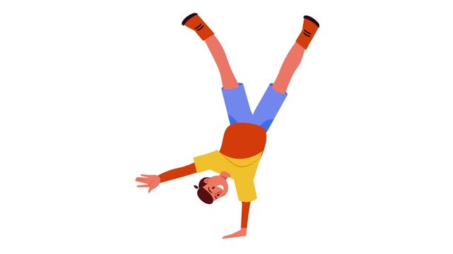 Colorful animated breakdancer doing handstand on white background