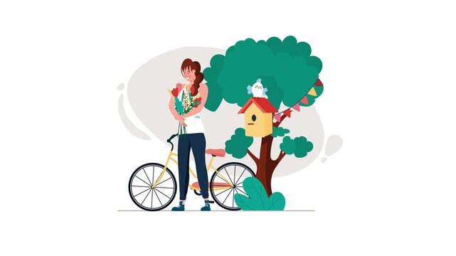 Young woman with flowers beside bicycle and birdhouse in animated garden