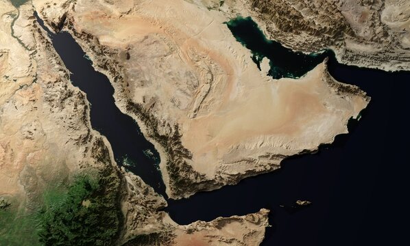 Aerial View of Arabian Peninsula, Red Sea, and Persian Gulf Featuring Strategic Bab el-Mandeb and Hormuz Straits - 3D rendering