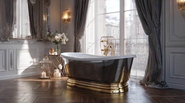 A newly installed luxury bathtub showcasing a sleek, elegant design with high-end features and refined detailing
