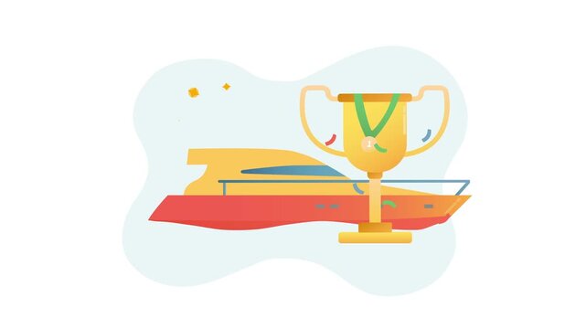 Yacht and gold trophy celebrating sailing victory in flat animation