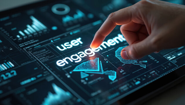 Hand touching screen displaying digital data. Analyzing user engagement analytics on tech dashboard. Online business strategy insights and growth metrics.