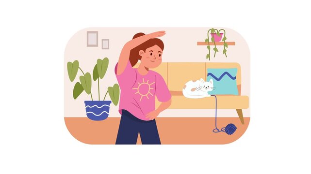 Flat vector animation of woman stretching in cozy living room with cat