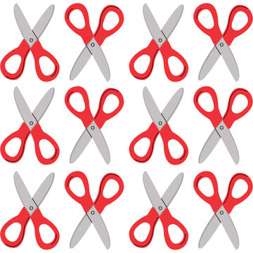 Seamless pattern with red scissors and steel blades. Tool for cutting paper, fabric. Hairdresser accessory for cutting hair.