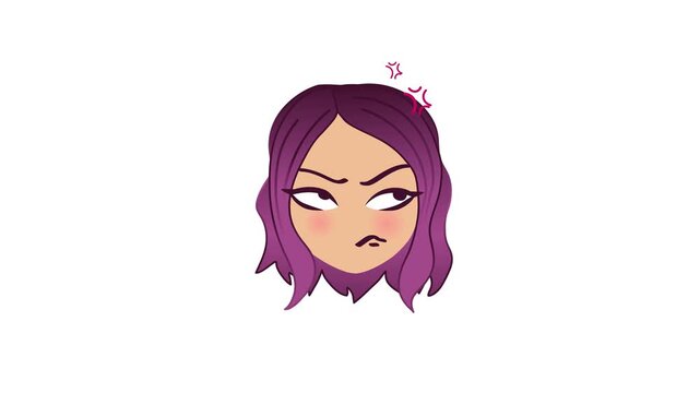 Animated angry purple-haired female emoji with frustrated expression