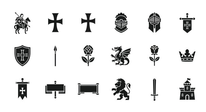 Collection of medieval symbols and crests with knight cross shield sword and lion illustrations