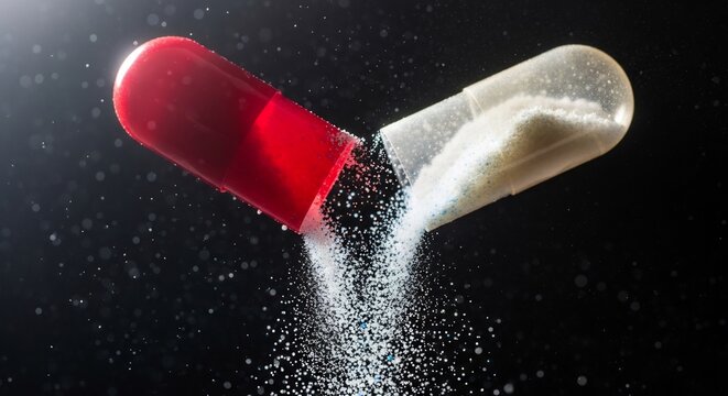Close-up of a red and white capsule spilling its contents.