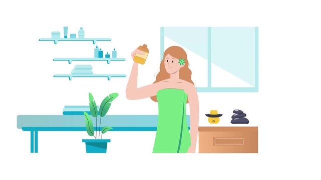 Flat vector animation of woman applying lotion in spa bathroom