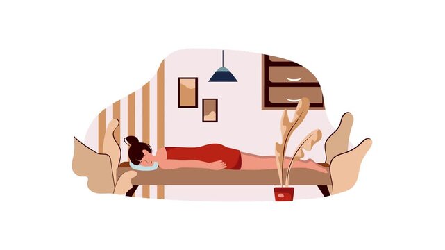 Animated woman sleeping on bed in cozy minimalist bedroom interior