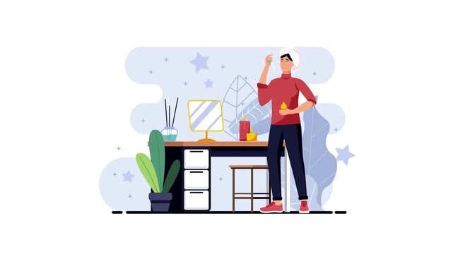 Woman applying skincare at vanity table in modern bathroom illustration