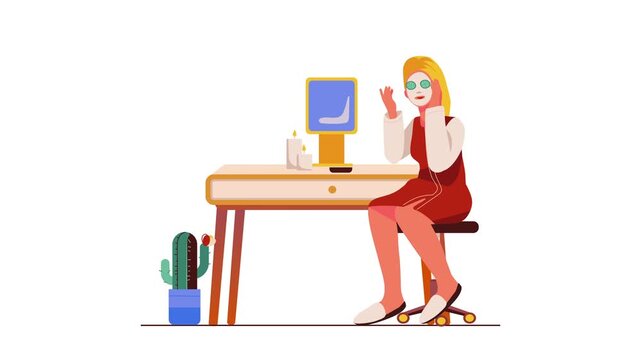Woman doing spa skincare routine at vanity table with face mask illustration