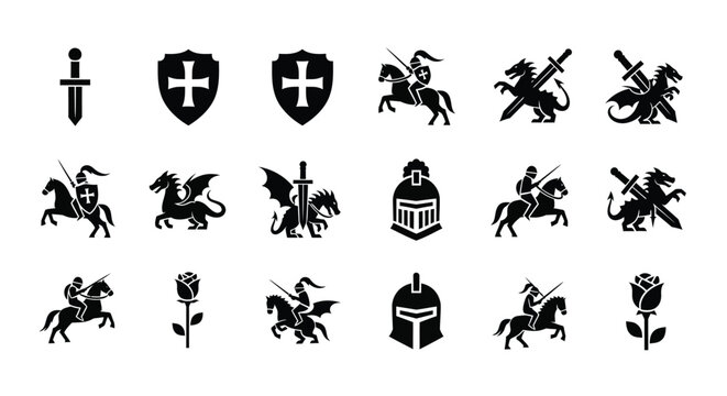Medieval knight symbols and icons set including shields swords dragons and helmets on white background