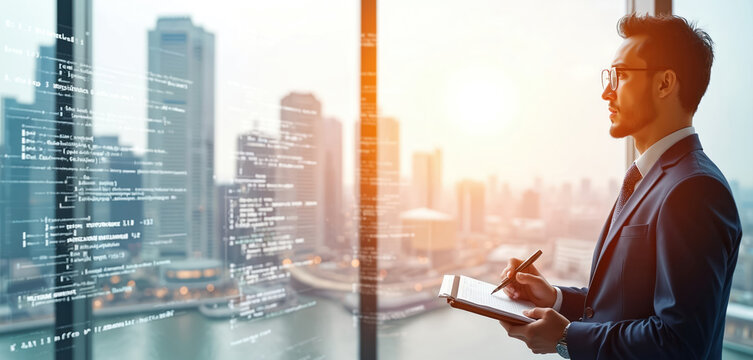 Businessman in suit reviews code projected on window overlooking city. Man writes notes in notepad considering digital data, future planning. Software development, data analysis, business strategy.