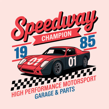 A vintage red and black race car graphic advertises a speedway champion from 1985 with motorsport text.
