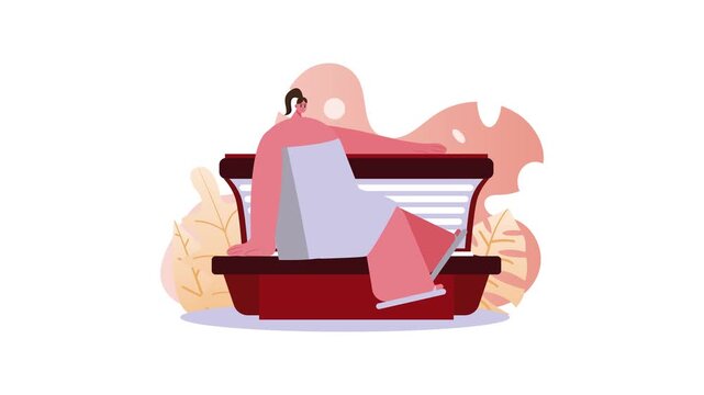 Animated flat vector woman relaxing on bench with autumn leaves