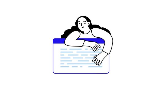 Animated woman leaning on browser window with web content illustration