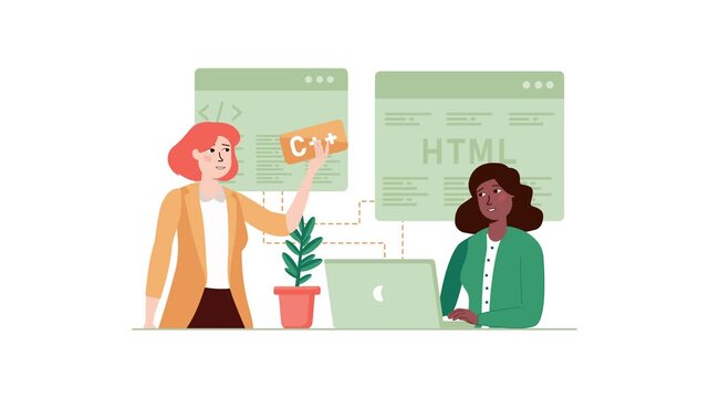 Two women collaborating on web and C++ coding in modern office animation