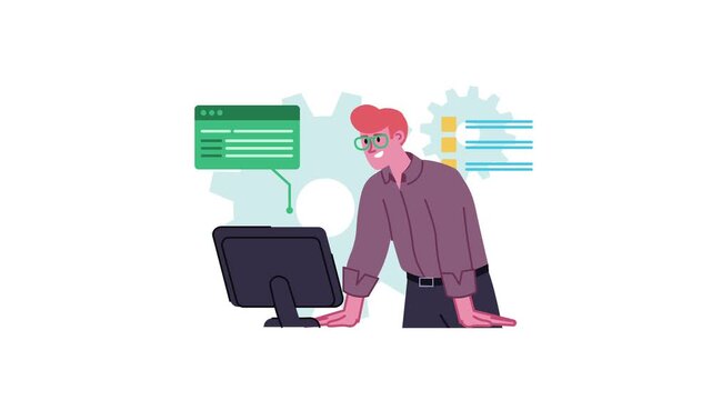 Flat animation of software developer working at computer with gears