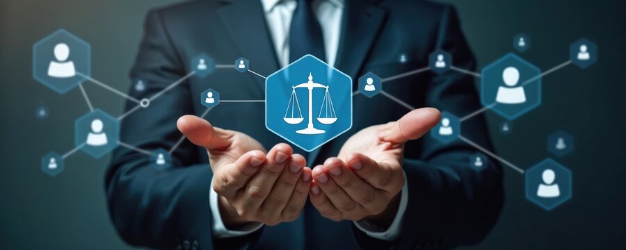 Lawyer holds digital network of employees under justice scales. Businessman assures legal compliance protection for team and business operations. Fairness and rights in corporate.