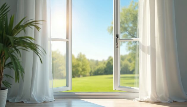 Open window with white curtains lets in fresh spring air. Sunlight streams into room with blurred green garden view. Peaceful home atmosphere, clean interior, natural light.