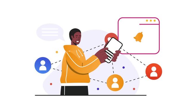 Animated man using smartphone with app notification and social network icons