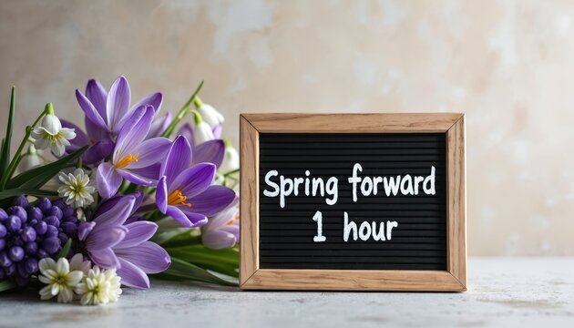 Chalkboard reads Spring forward 1 hour beside bouquet of purple crocuses and white snowdrops. Seasonal time change reminder with fresh spring flowers signals warmer days ahead.