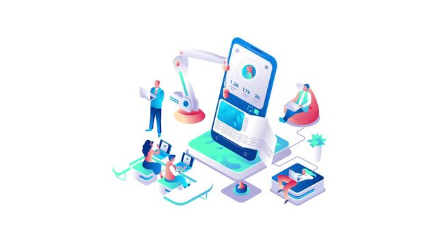 Isometric animation of mobile app marketing and remote teamwork scene